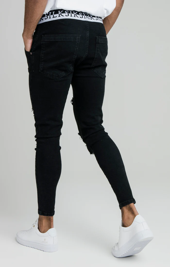 SikSilk Distressed Skinny Elasticated Jeans - Washed Black - Image 3