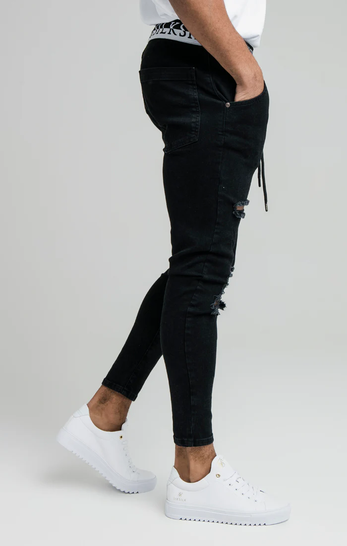 SikSilk Distressed Skinny Elasticated Jeans - Washed Black - Image 4