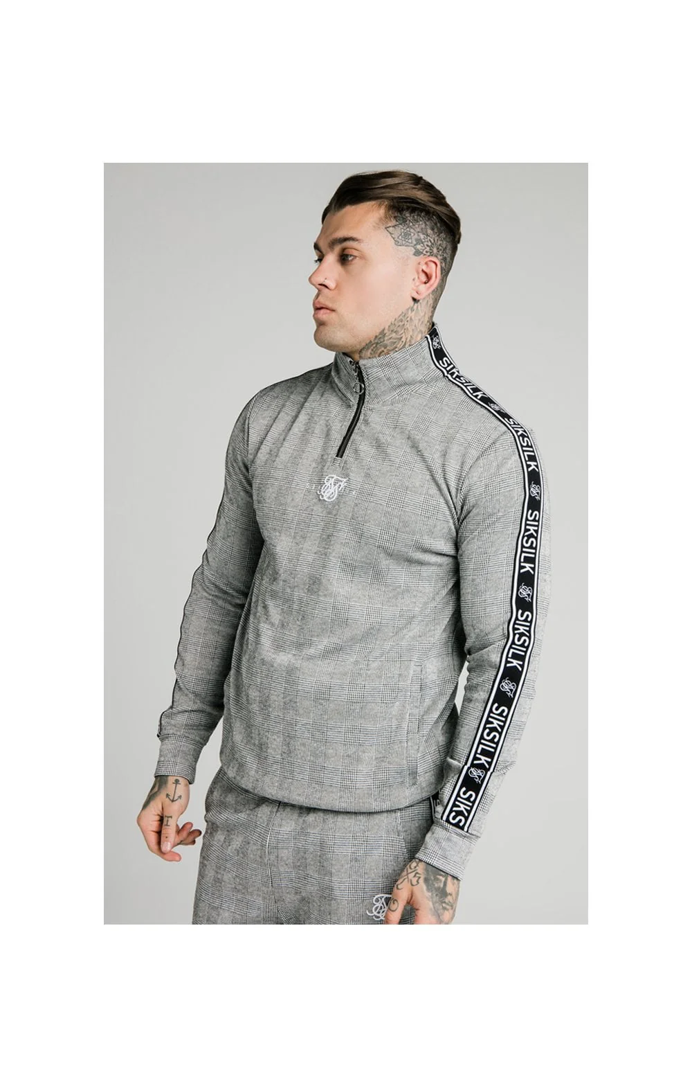 SikSilk Dog Tooth Check 1/4 Zip Funnel Neck Hoodie - Black & White