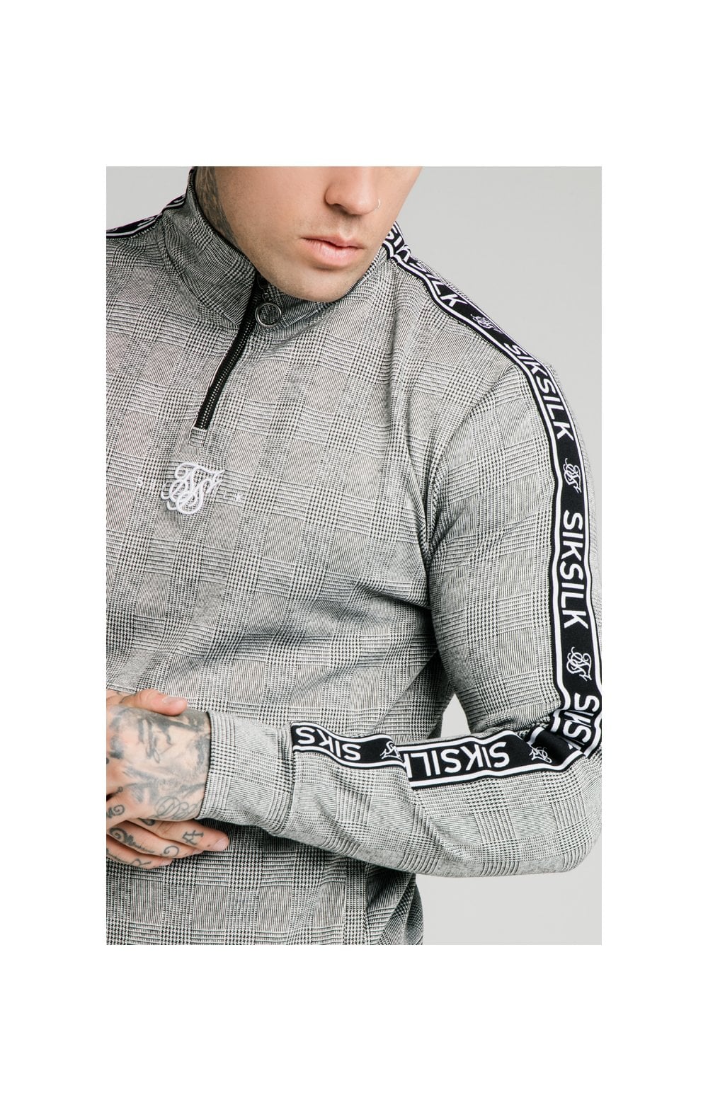 SikSilk Dog Tooth Check 1/4 Zip Funnel Neck Hoodie - Black & White - Image 2