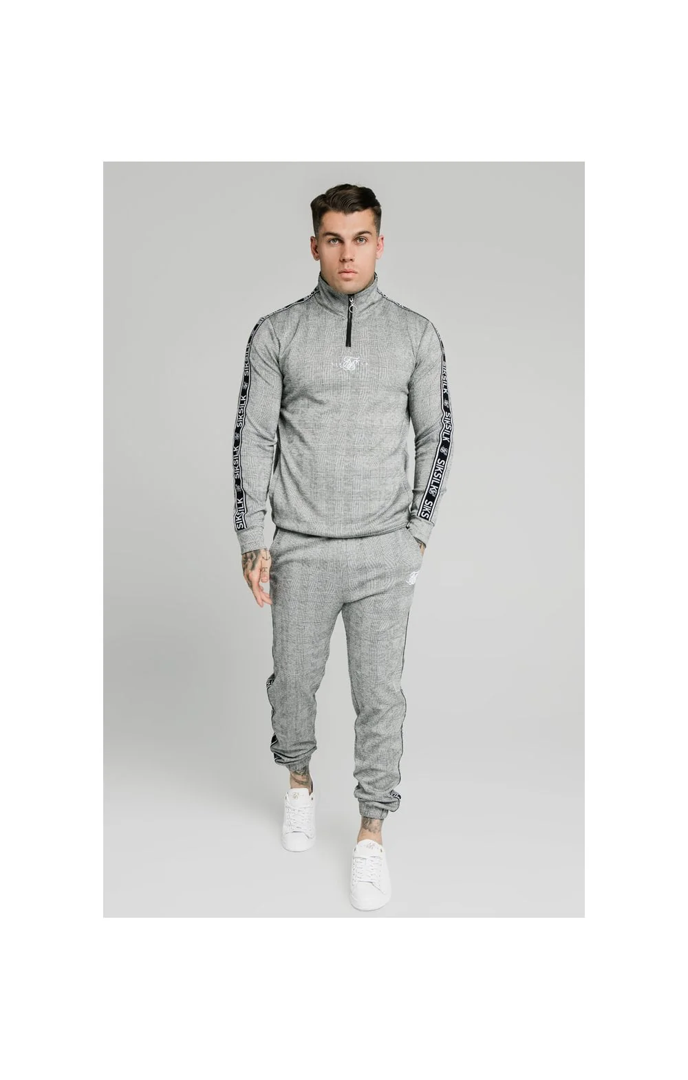 SikSilk Dog Tooth Check 1/4 Zip Funnel Neck Hoodie - Black & White - Image 3