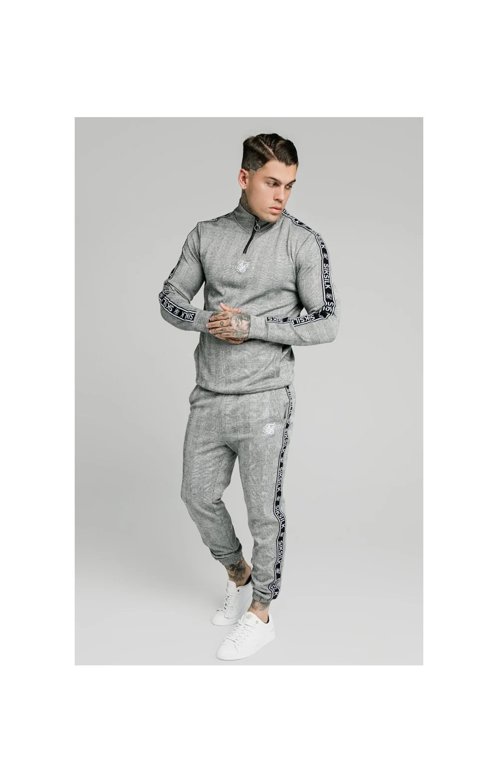 SikSilk Dog Tooth Check 1/4 Zip Funnel Neck Hoodie - Black & White - Image 4