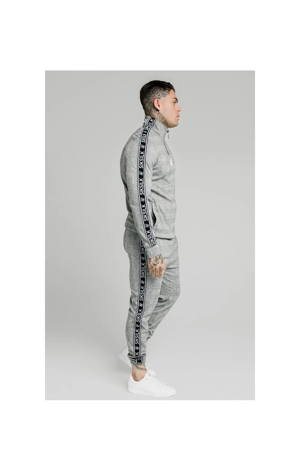 SikSilk Dog Tooth Check 1/4 Zip Funnel Neck Hoodie - Black & White - Image 5