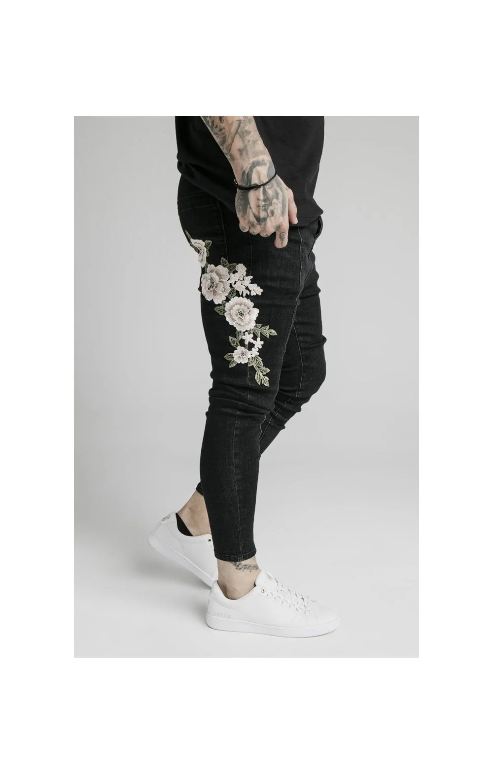 SikSilk Drop Crotch Pleated Applique Jeans - Black - Image 4