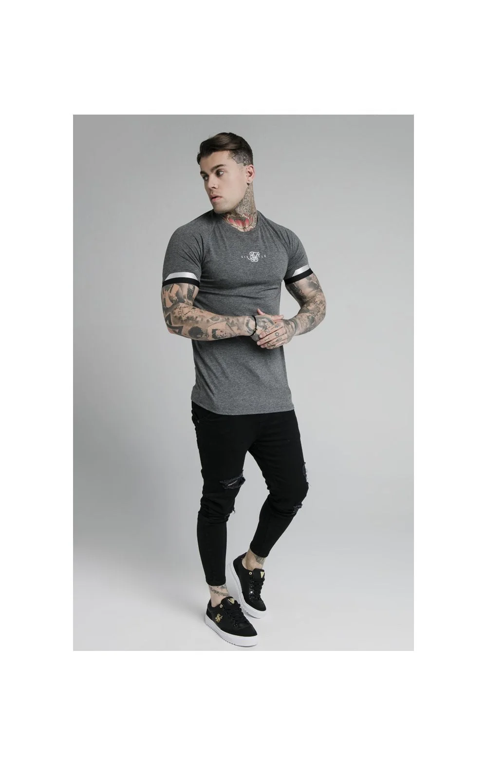 SikSilk Dual Cuff Tech Tee - Dark Grey Marl - Image 3