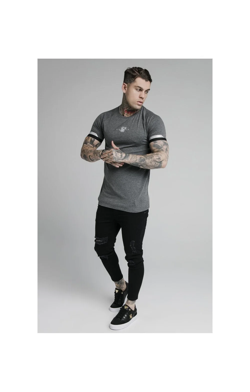 SikSilk Dual Cuff Tech Tee - Dark Grey Marl - Image 4