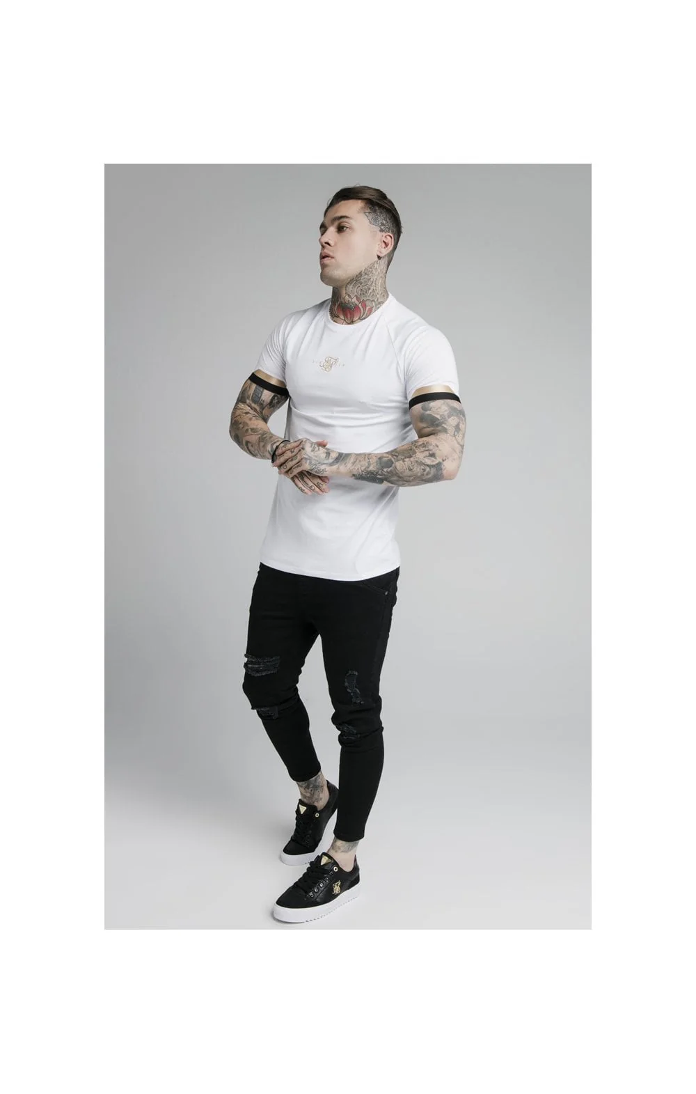 SikSilk Dual Cuff Tech Tee - White & Gold - Image 3