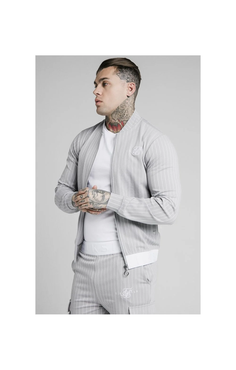 SikSilk Dual Stripe Bomber - Grey & White