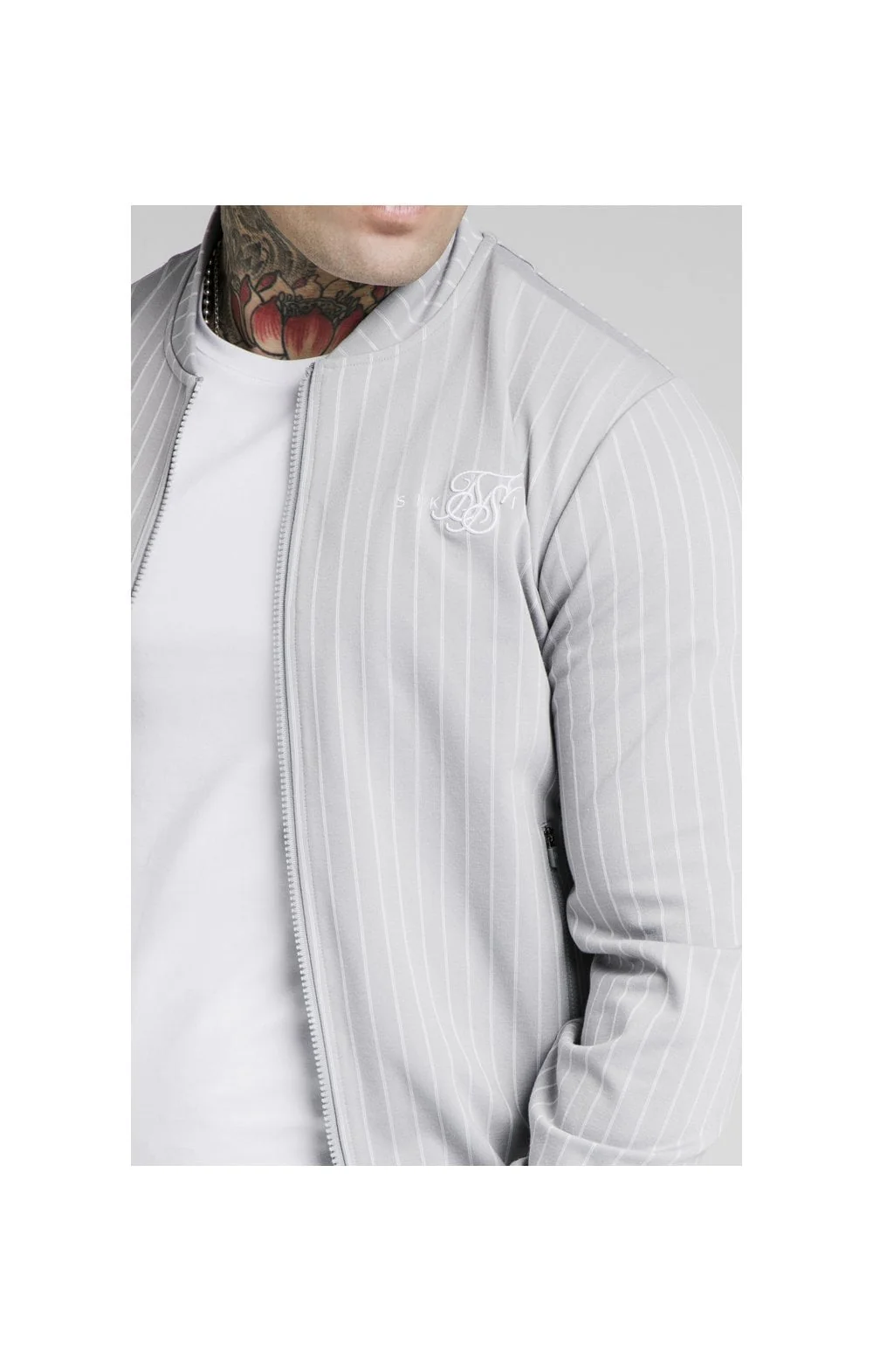 SikSilk Dual Stripe Bomber - Grey & White - Image 2