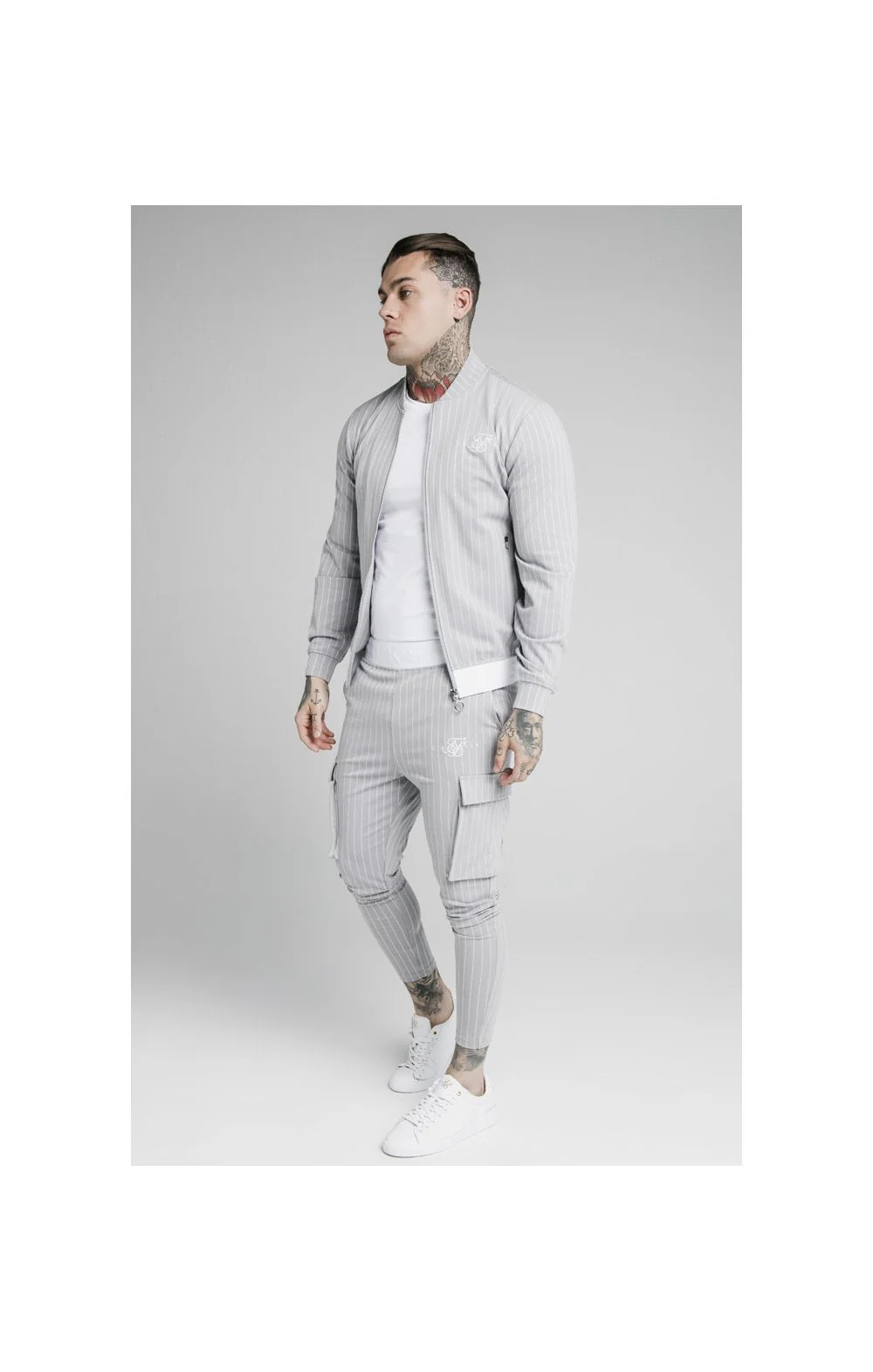 SikSilk Dual Stripe Bomber - Grey & White - Image 3