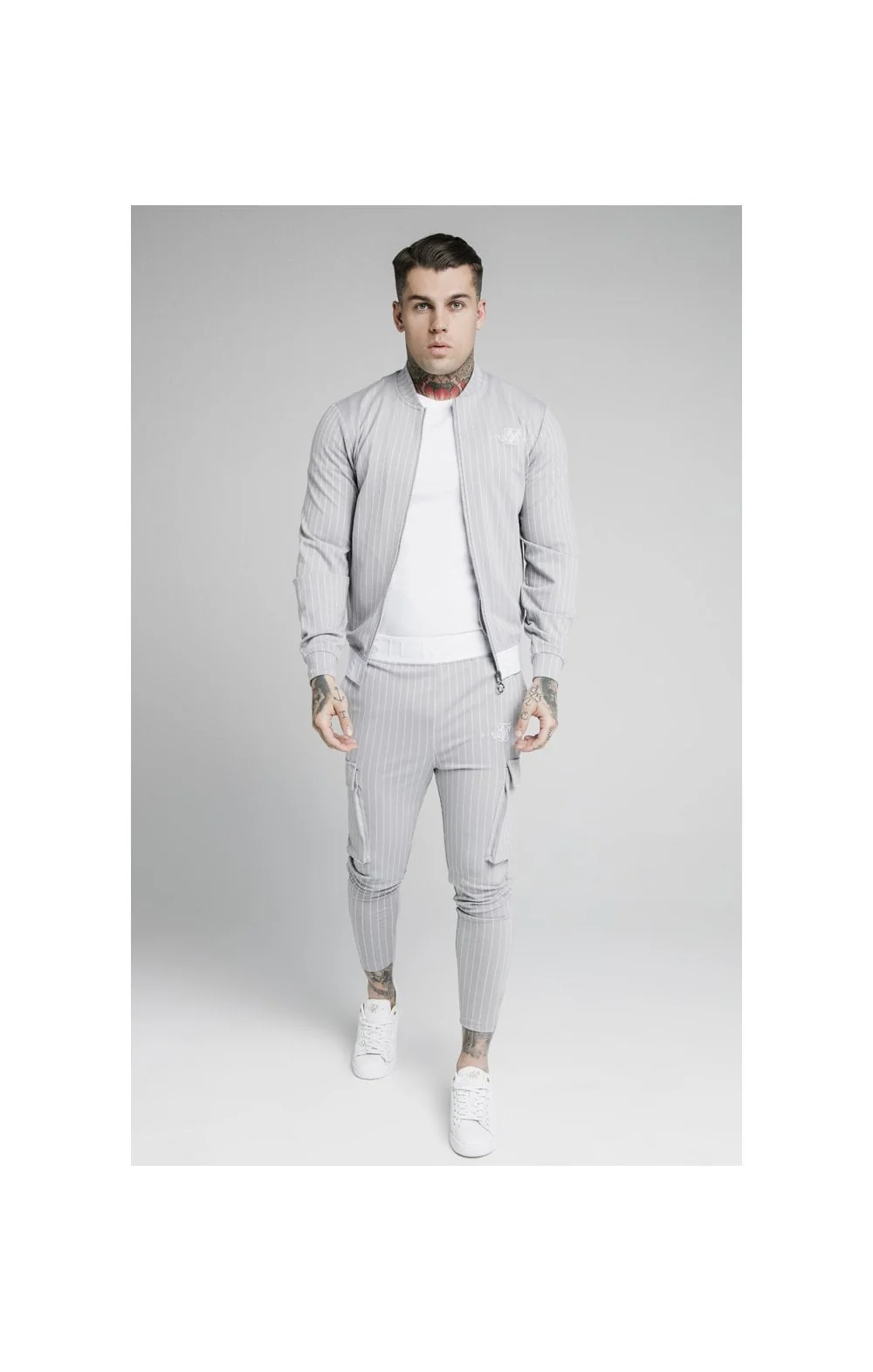 SikSilk Dual Stripe Bomber - Grey & White - Image 5