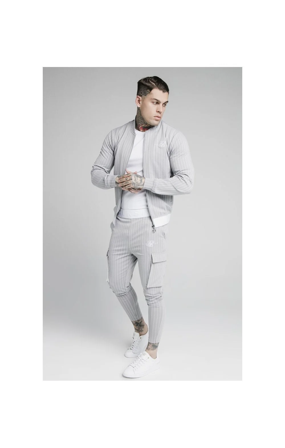 SikSilk Dual Stripe Cargo Pant - Grey & White - Image 3