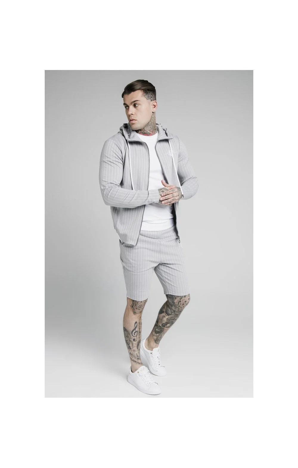 SikSilk Dual Stripe Poly Shorts - Grey & White - Image 3