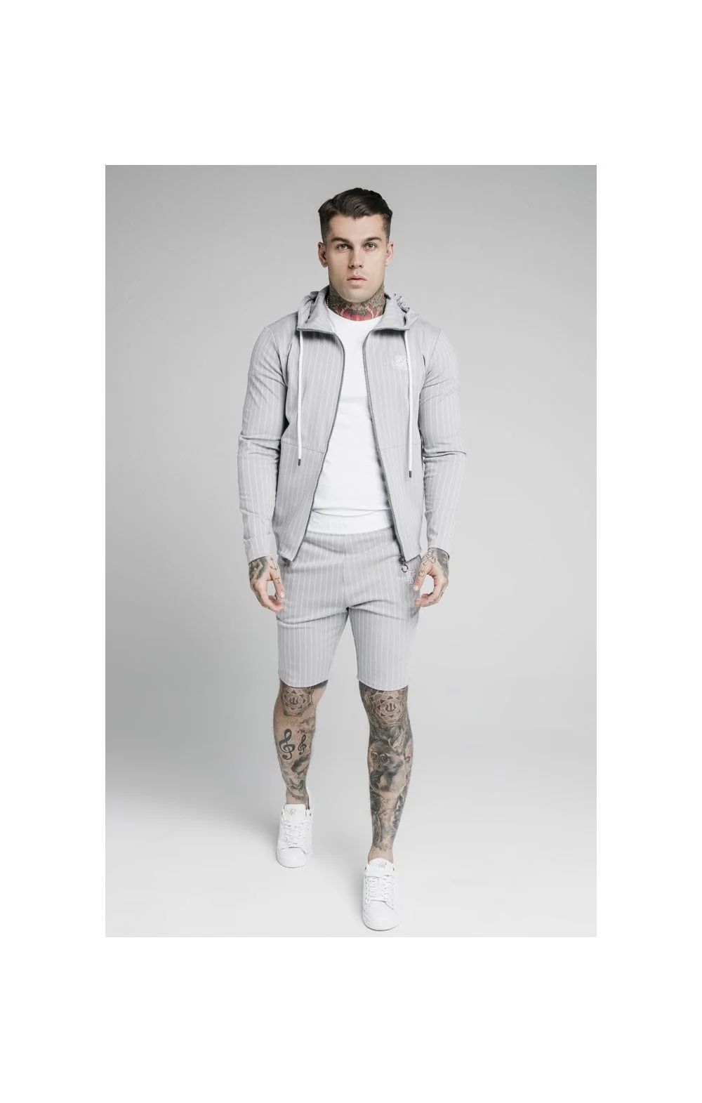 SikSilk Dual Stripe Poly Shorts - Grey & White - Image 5