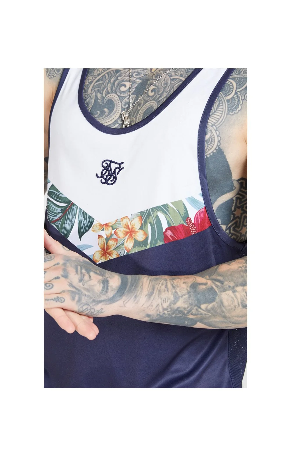 SikSilk Dual Mesh Vest 70's Floral - Navy - Image 2