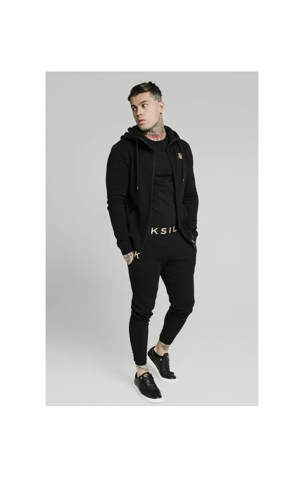 SikSilk Elastic Jacquard Zip Through Hoodie – Black - Image 3