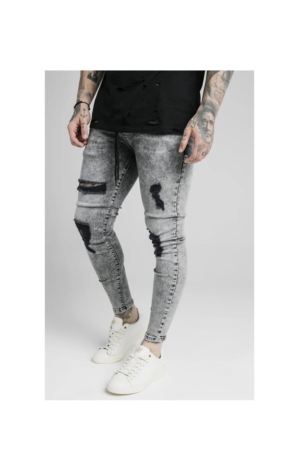 SikSilk Elasticated Tape Skinny Distressed Jeans - Snow Wash
