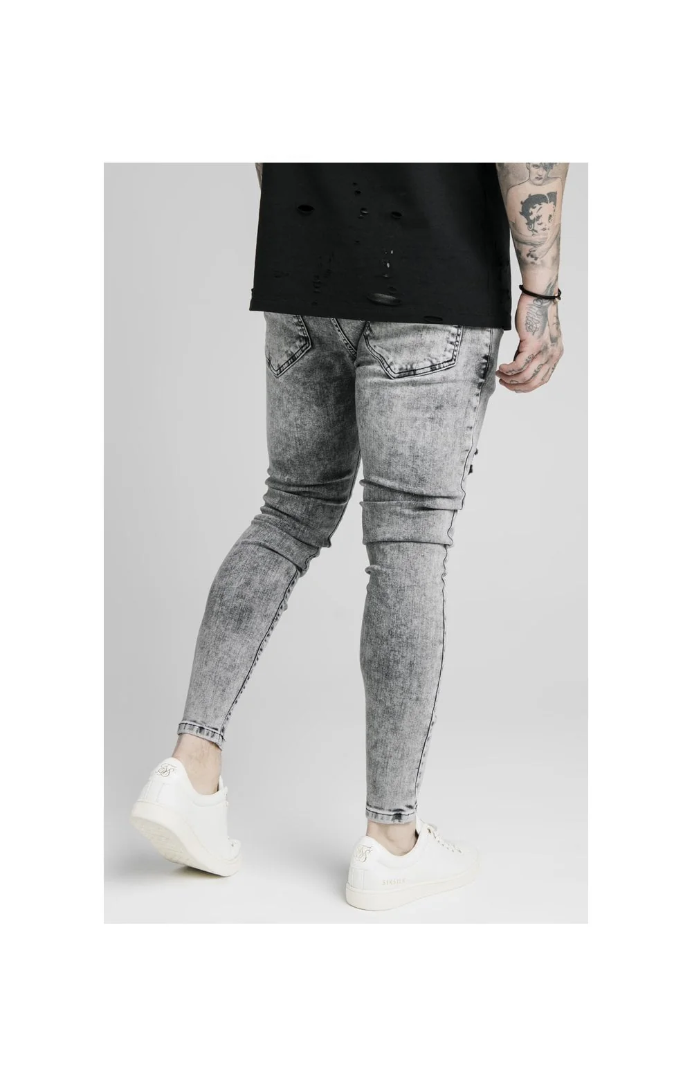 SikSilk Elasticated Tape Skinny Distressed Jeans - Snow Wash - Image 3