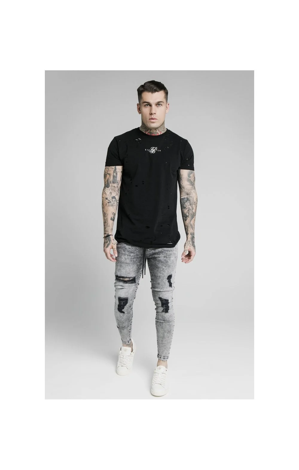 SikSilk Elasticated Tape Skinny Distressed Jeans - Snow Wash - Image 4