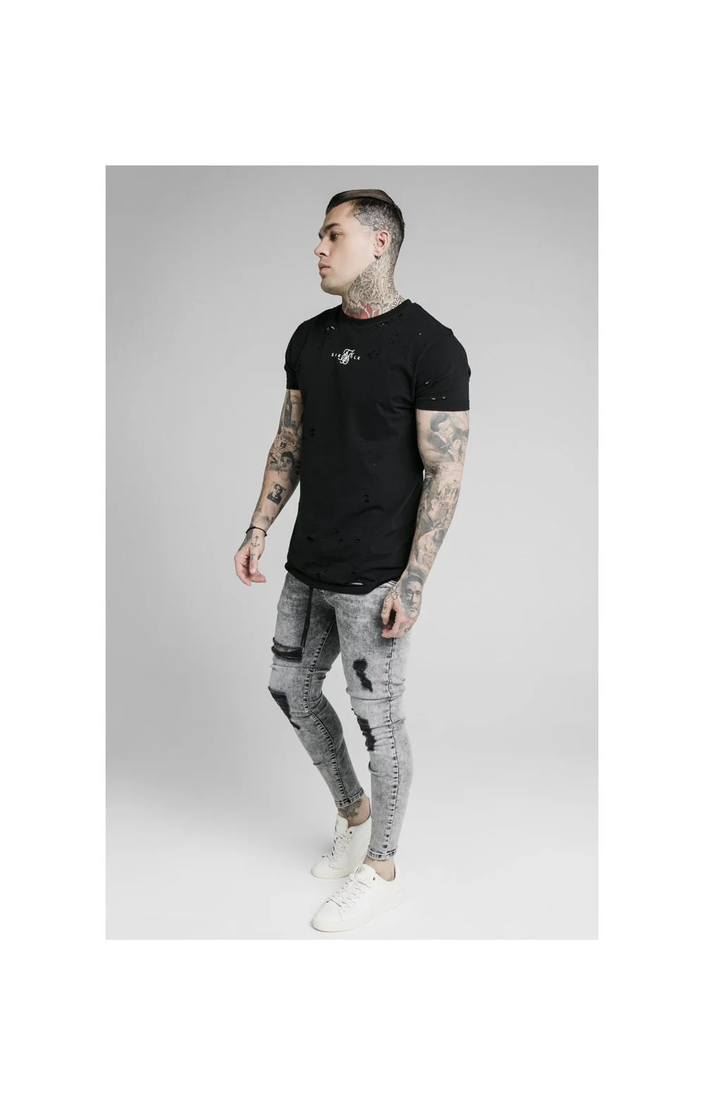 SikSilk Elasticated Tape Skinny Distressed Jeans - Snow Wash - Image 5