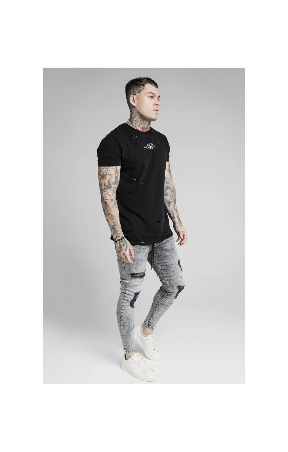 SikSilk Elasticated Tape Skinny Distressed Jeans - Snow Wash - Image 7