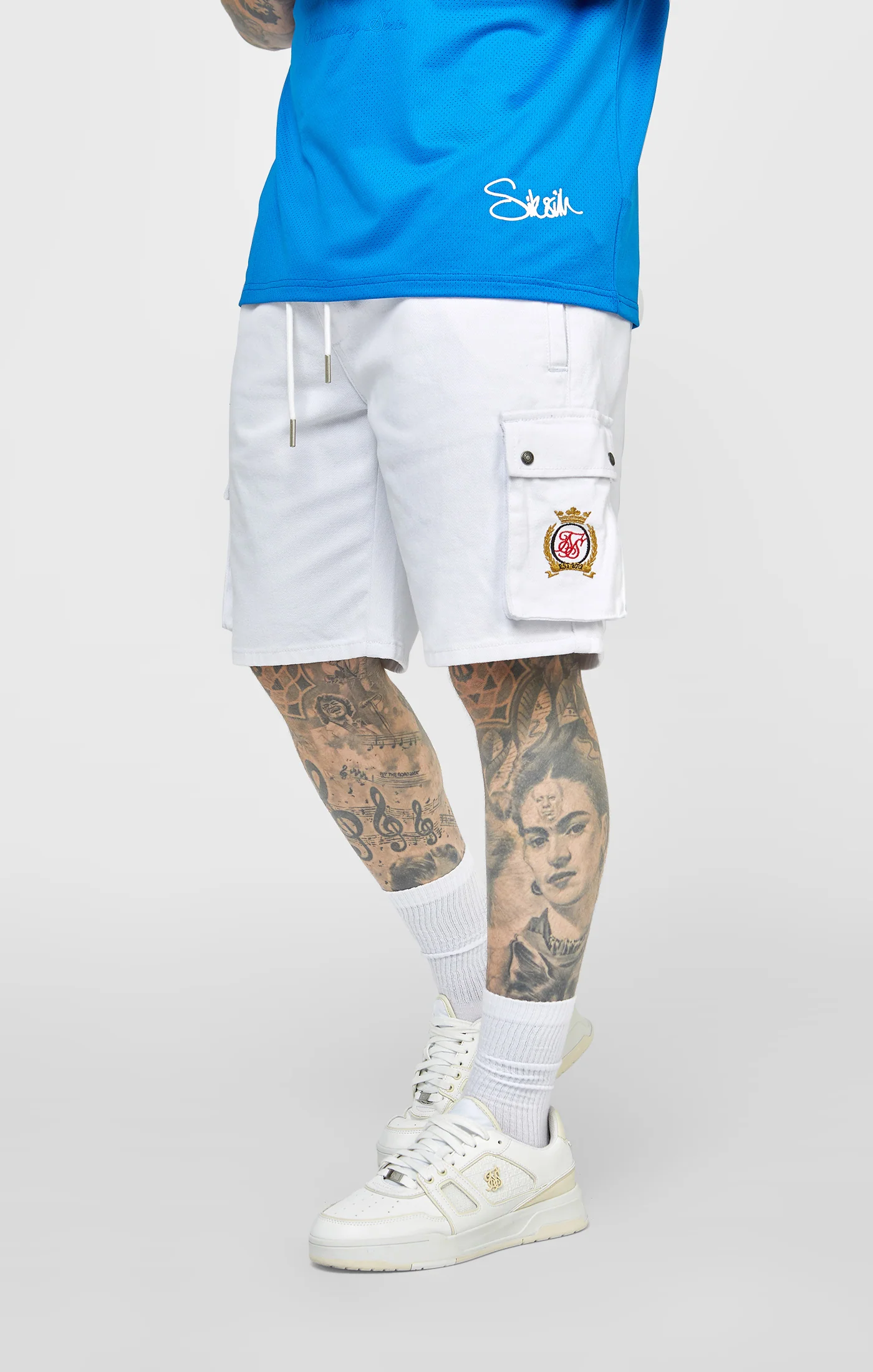 White Elasticated Denim Cargo Short