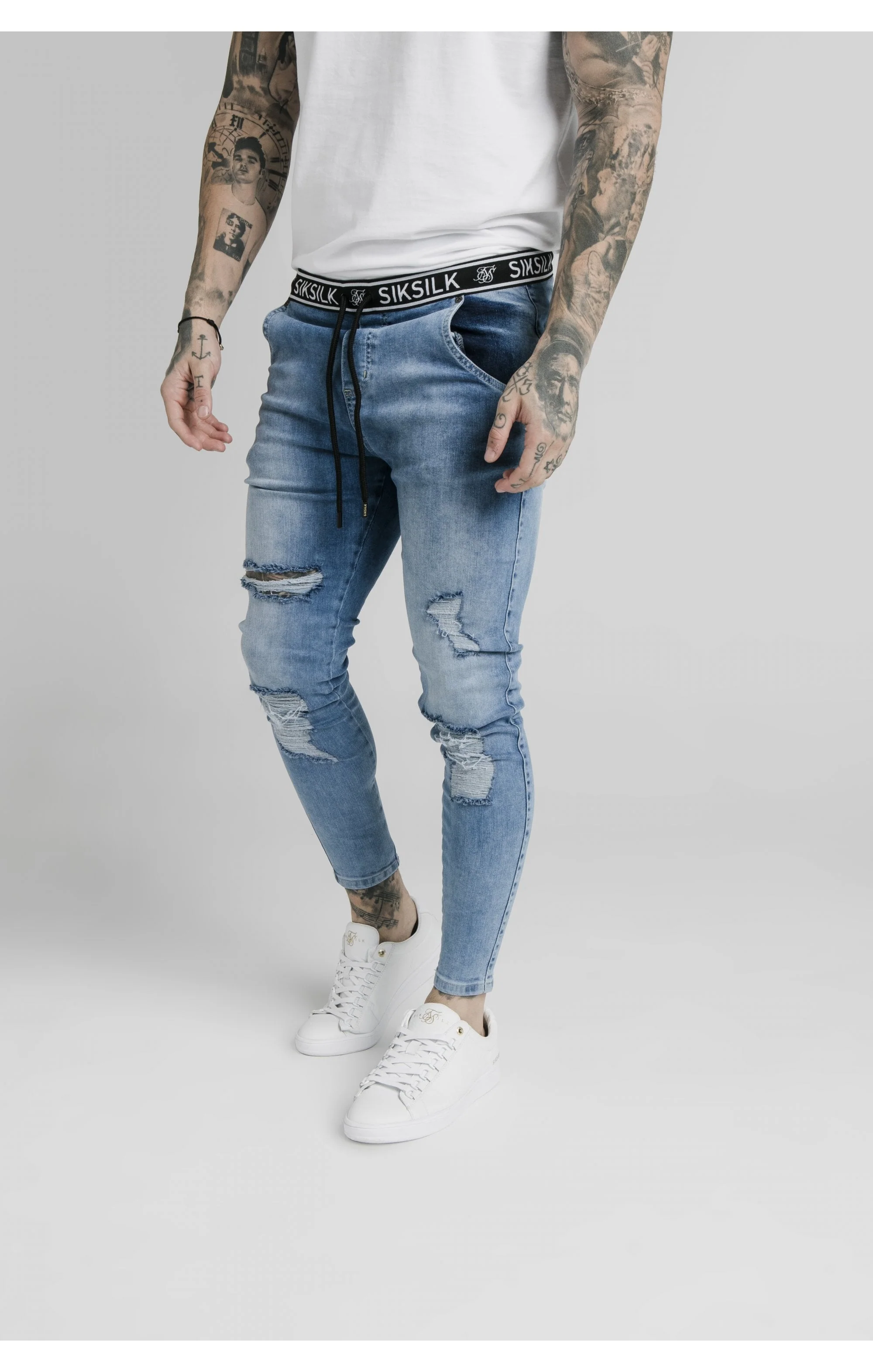 SikSilk Elasticated Waist Skinny Distressed Denim – Midstone Blue - Image 2