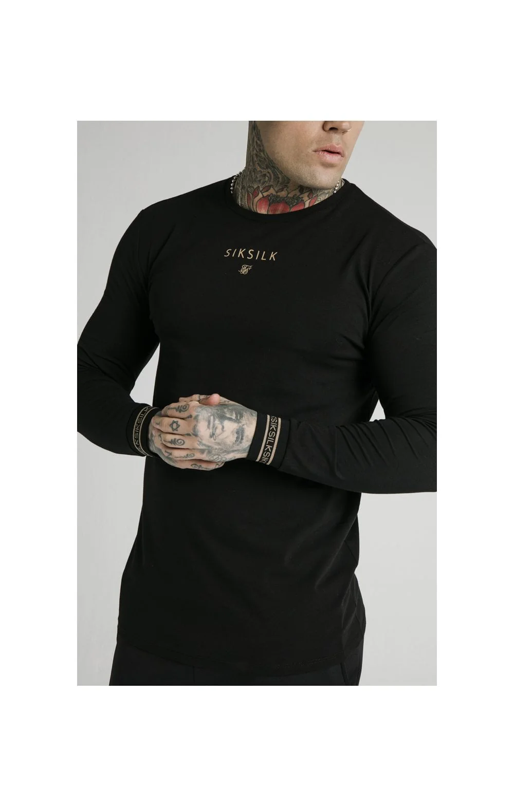 SikSilk Element L/S Straight Hem Gym Tee – Black & Gold - Image 2