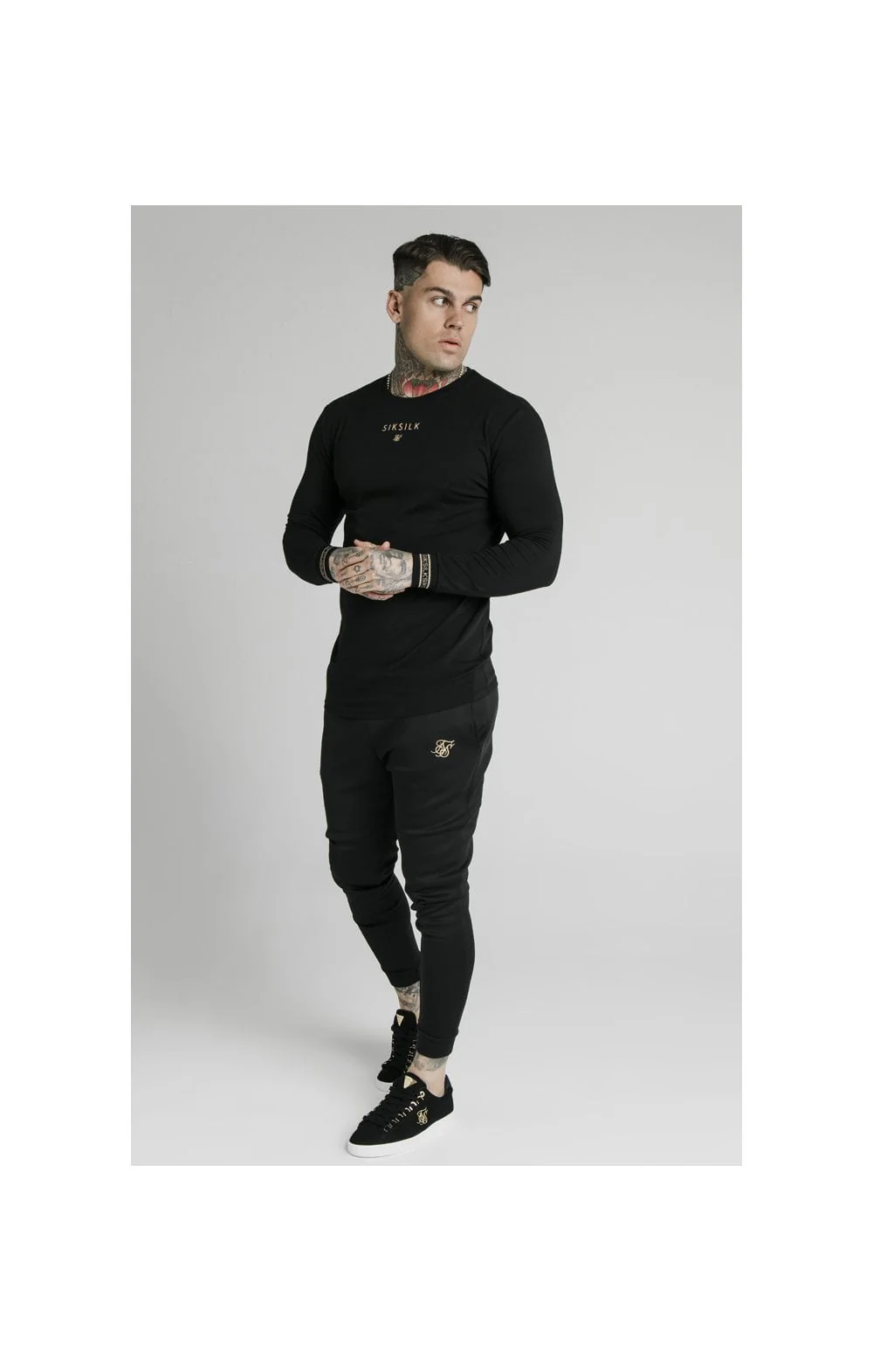SikSilk Element L/S Straight Hem Gym Tee – Black & Gold - Image 4
