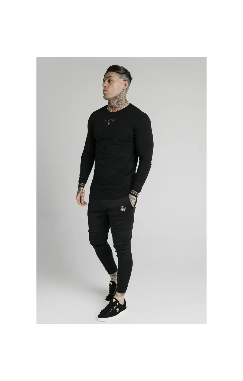 SikSilk Element L/S Straight Hem Gym Tee – Black & Gold - Image 5