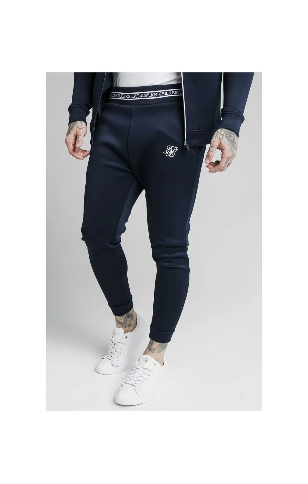 SikSilk Element Muscle Fit Cuff Joggers - Navy & White