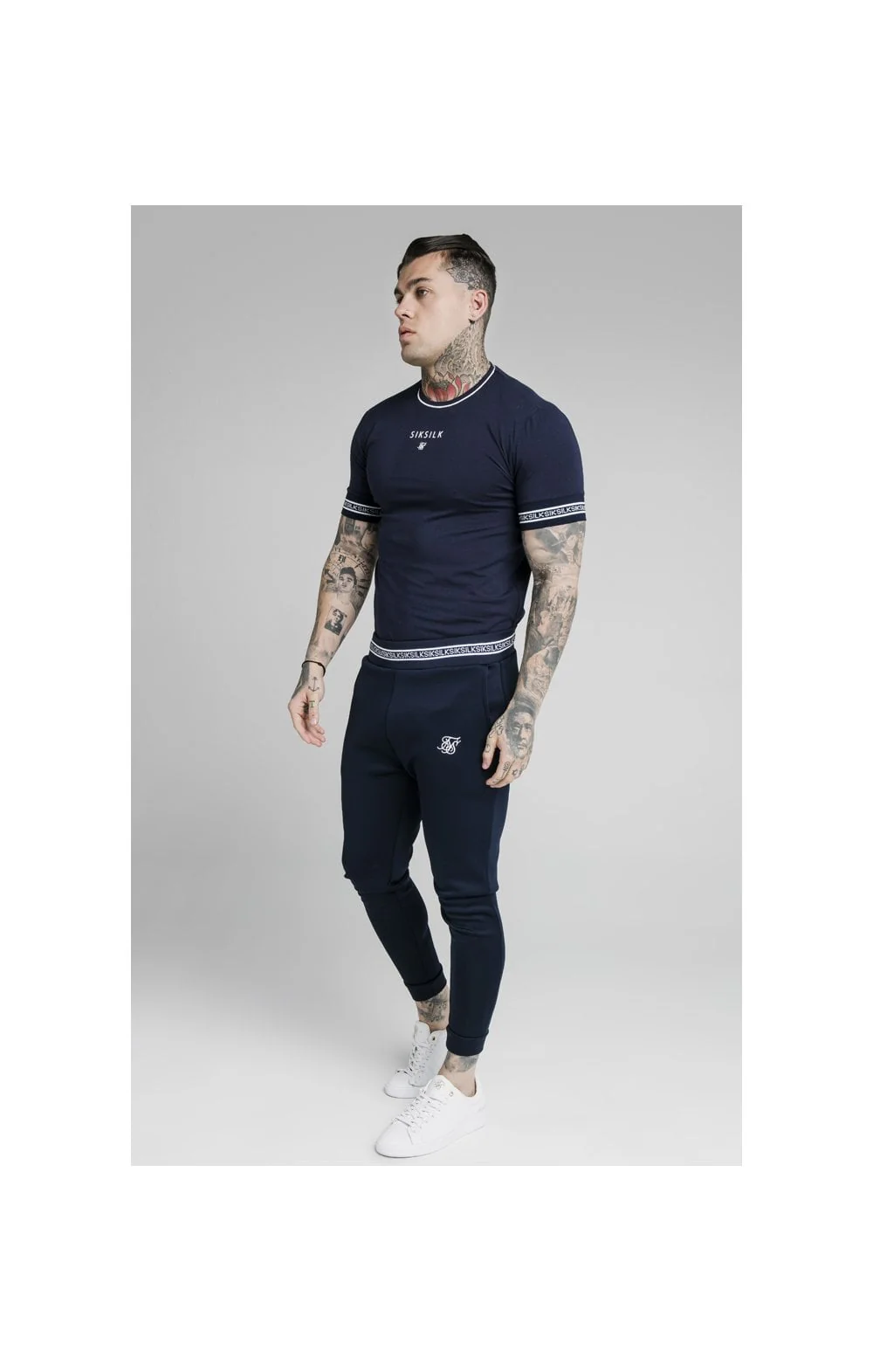 SikSilk Element Muscle Fit Cuff Joggers - Navy & White - Image 5