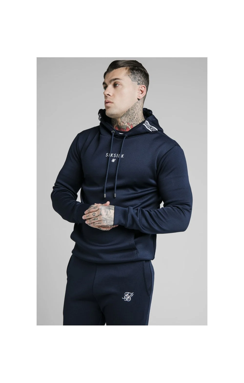 SikSilk Element Muscle Fit Overhead Hoodie - Navy & White - Image 2