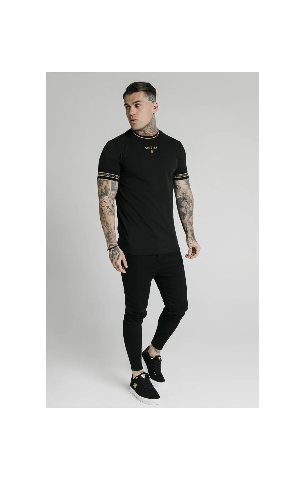 SikSilk Element Straight Hem Gym Tee – Black & Gold - Image 3