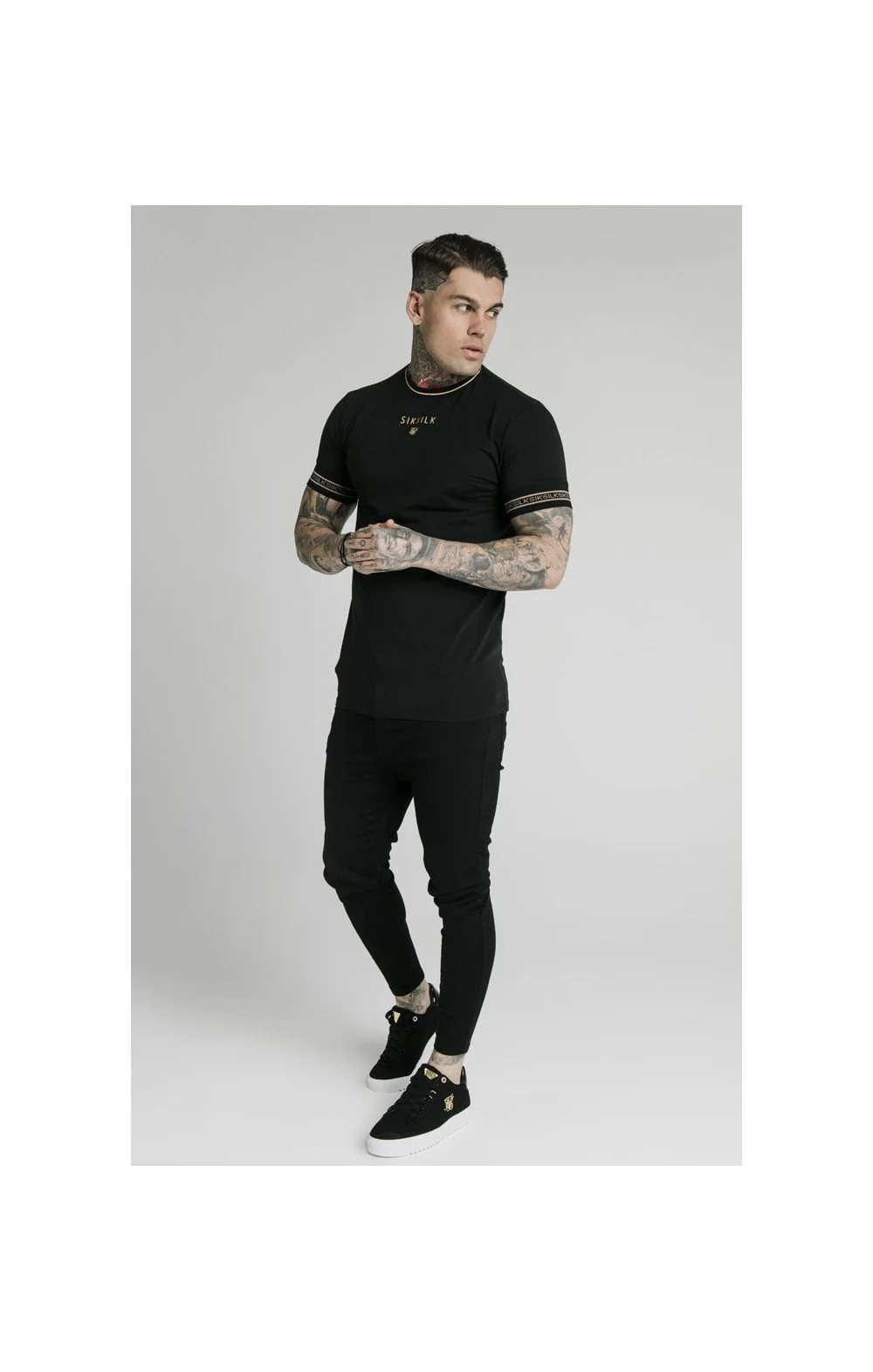 SikSilk Element Straight Hem Gym Tee – Black & Gold - Image 4