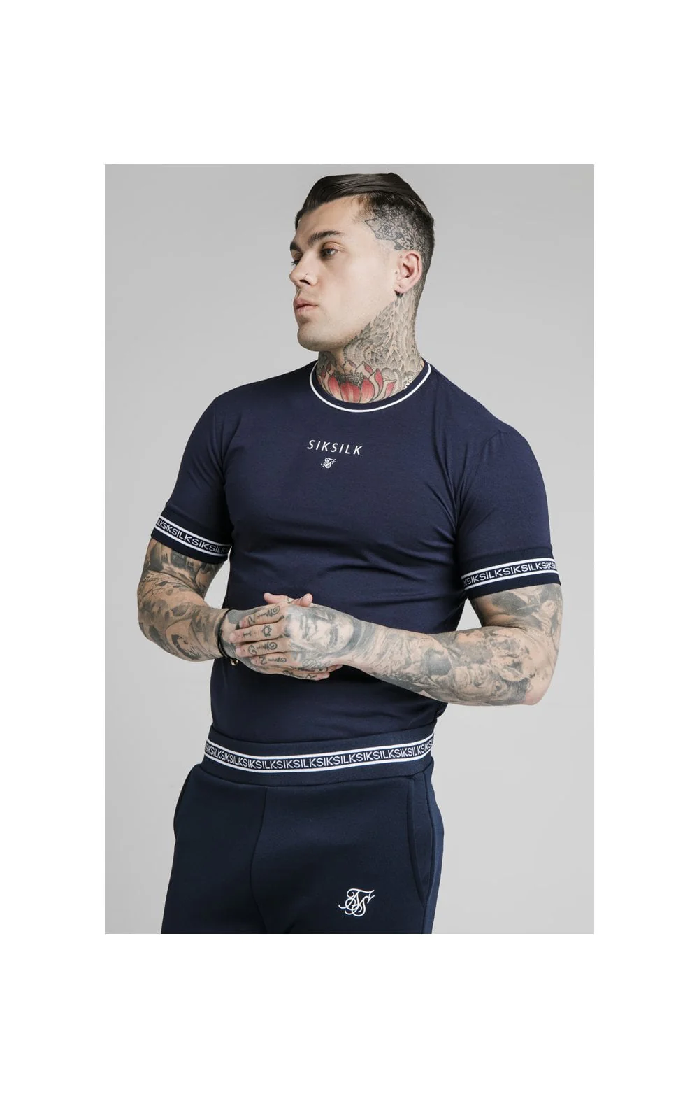 SikSilk Element Straight Hem Gym Tee – Navy & White - Image 2