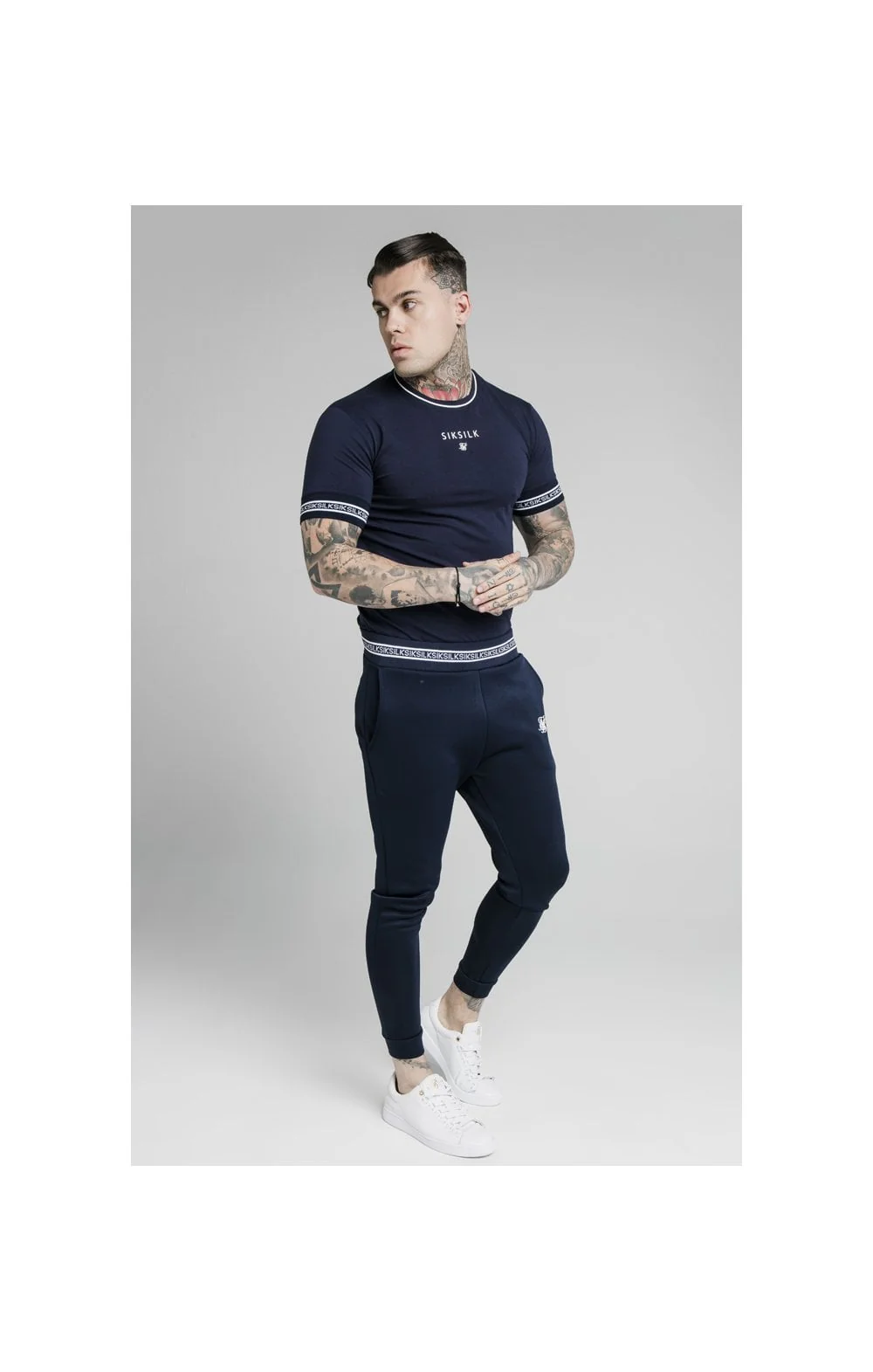 SikSilk Element Straight Hem Gym Tee – Navy & White - Image 3