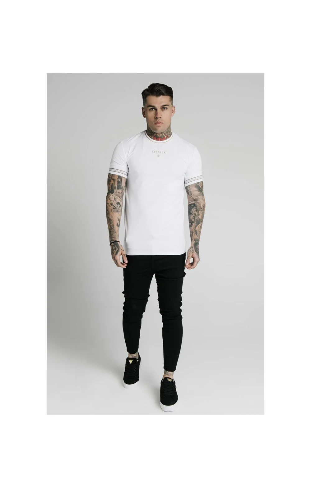 SikSilk Element Straight Hem Gym Tee – White & Gold - Image 3