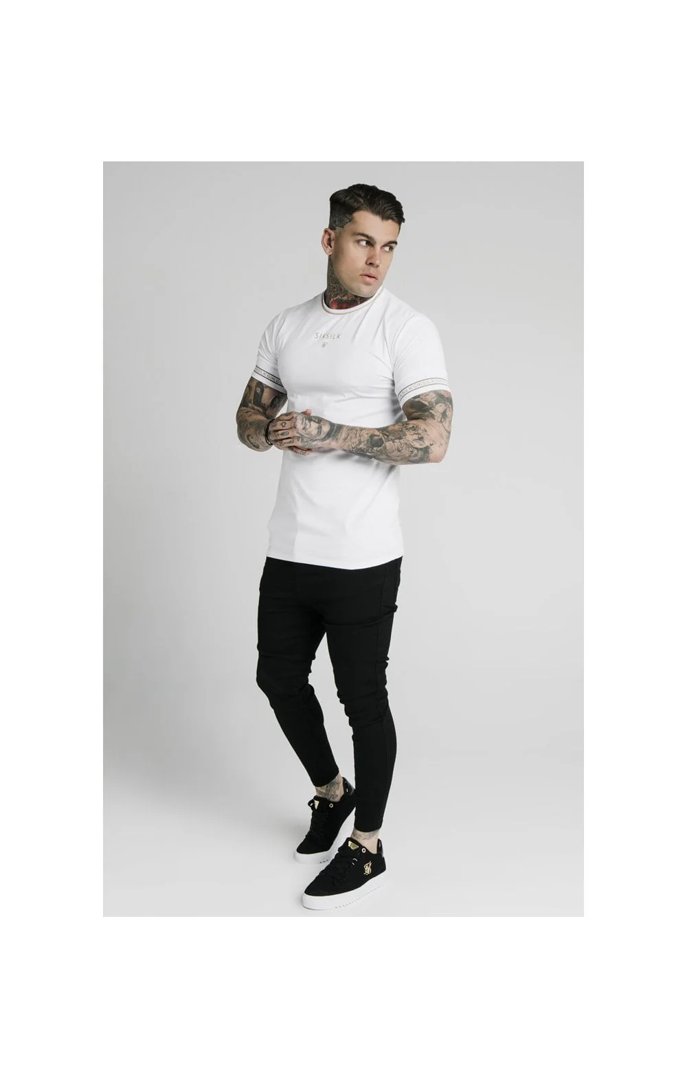 SikSilk Element Straight Hem Gym Tee – White & Gold - Image 4