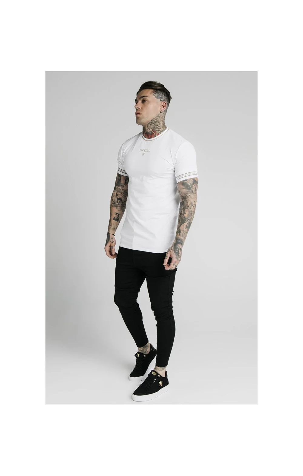 SikSilk Element Straight Hem Gym Tee – White & Gold - Image 5