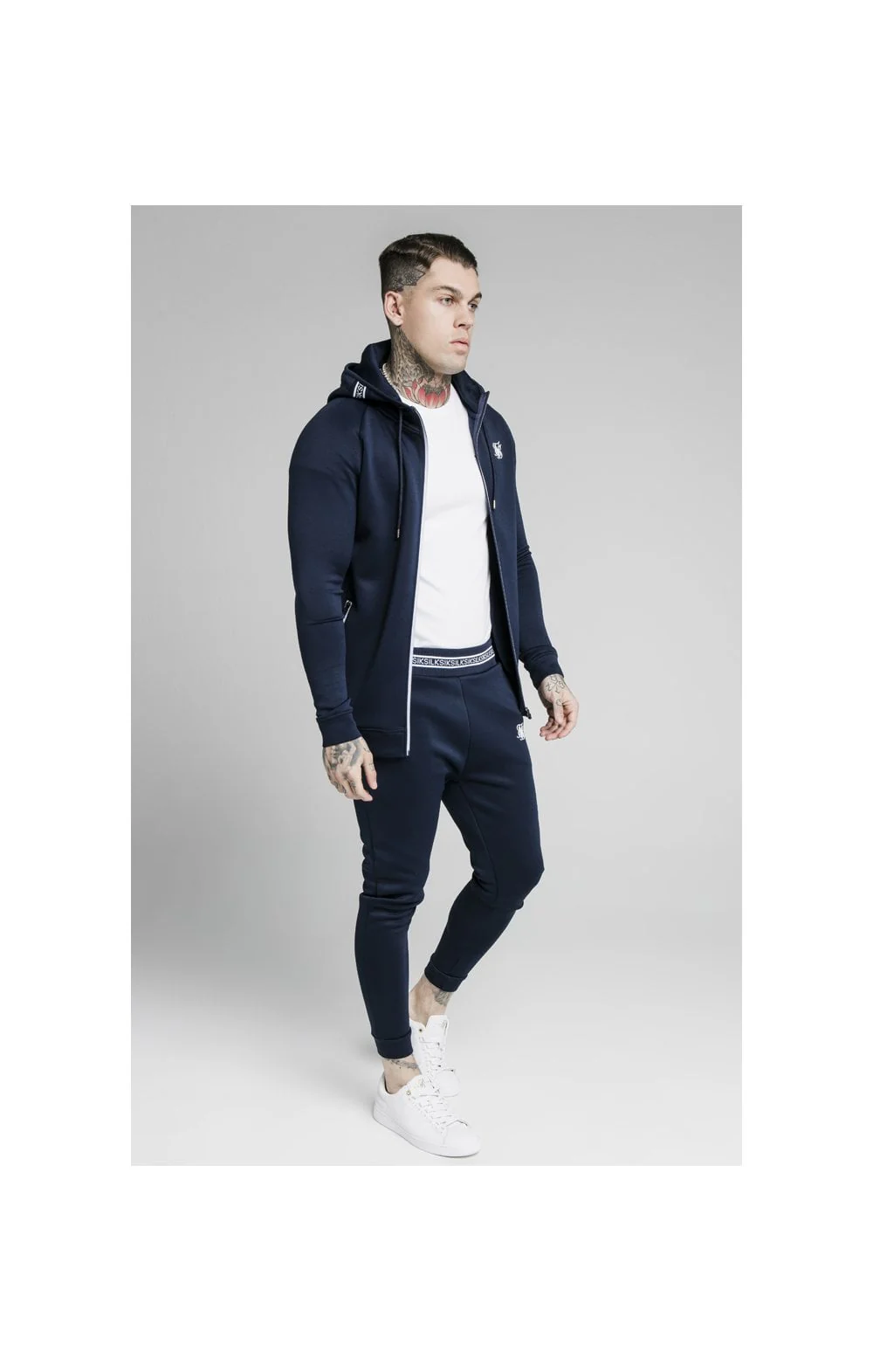 SikSilk Element Zip Through Hoodie - Navy & White - Image 4