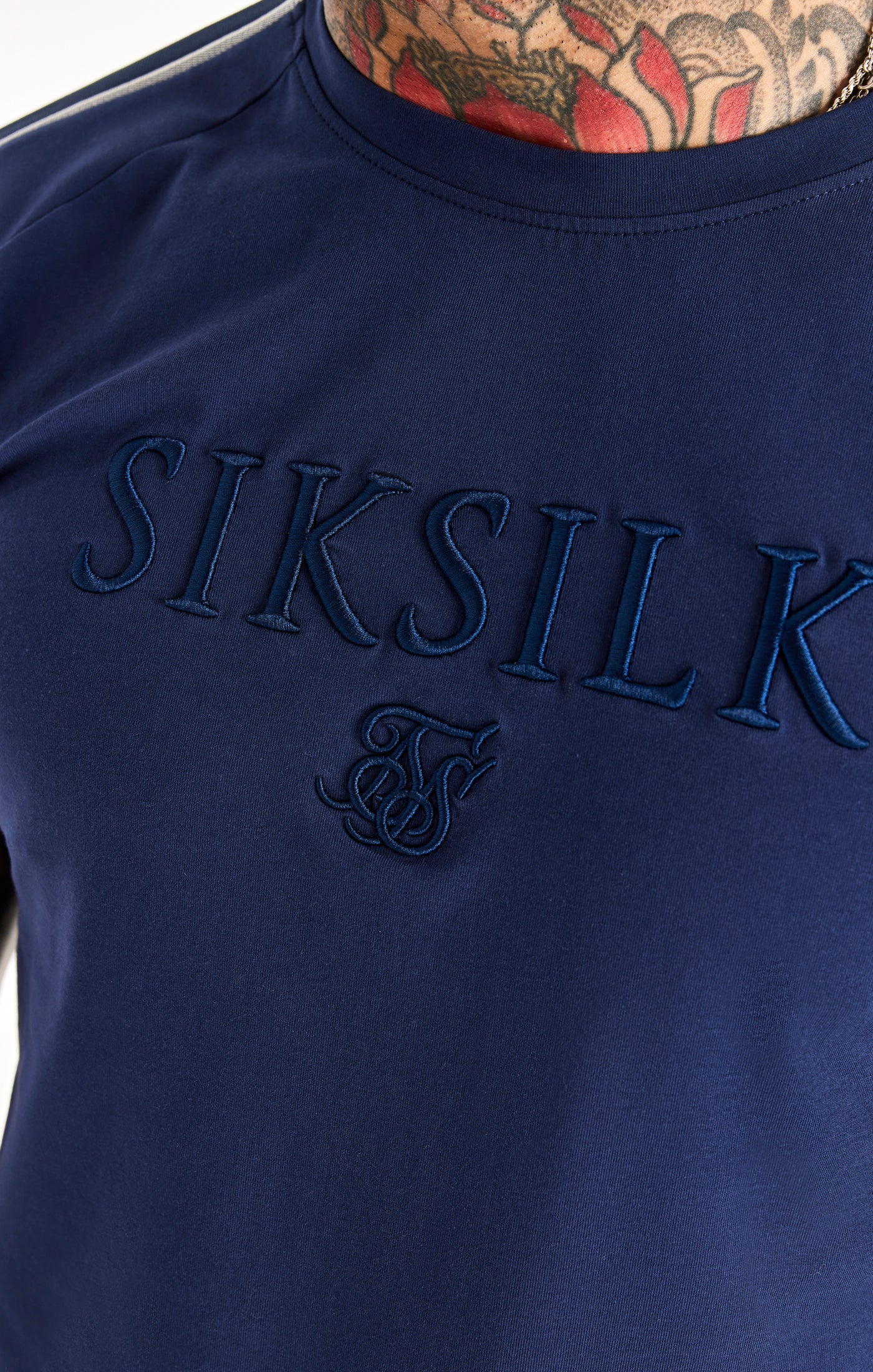Navy Knitted Tape Muscle Fit T-Shirt - Image 2
