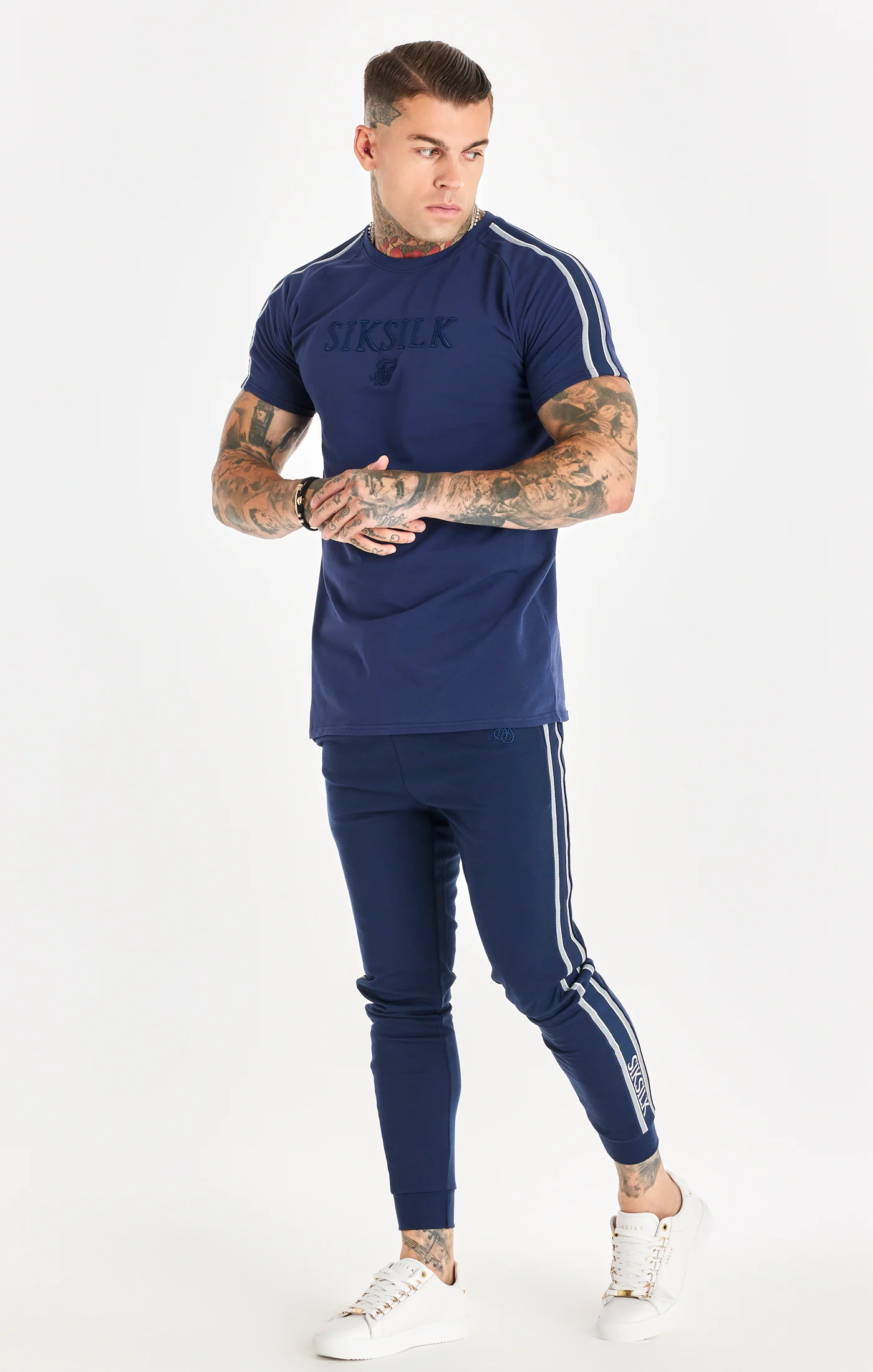 Navy Knitted Tape Muscle Fit T-Shirt - Image 3