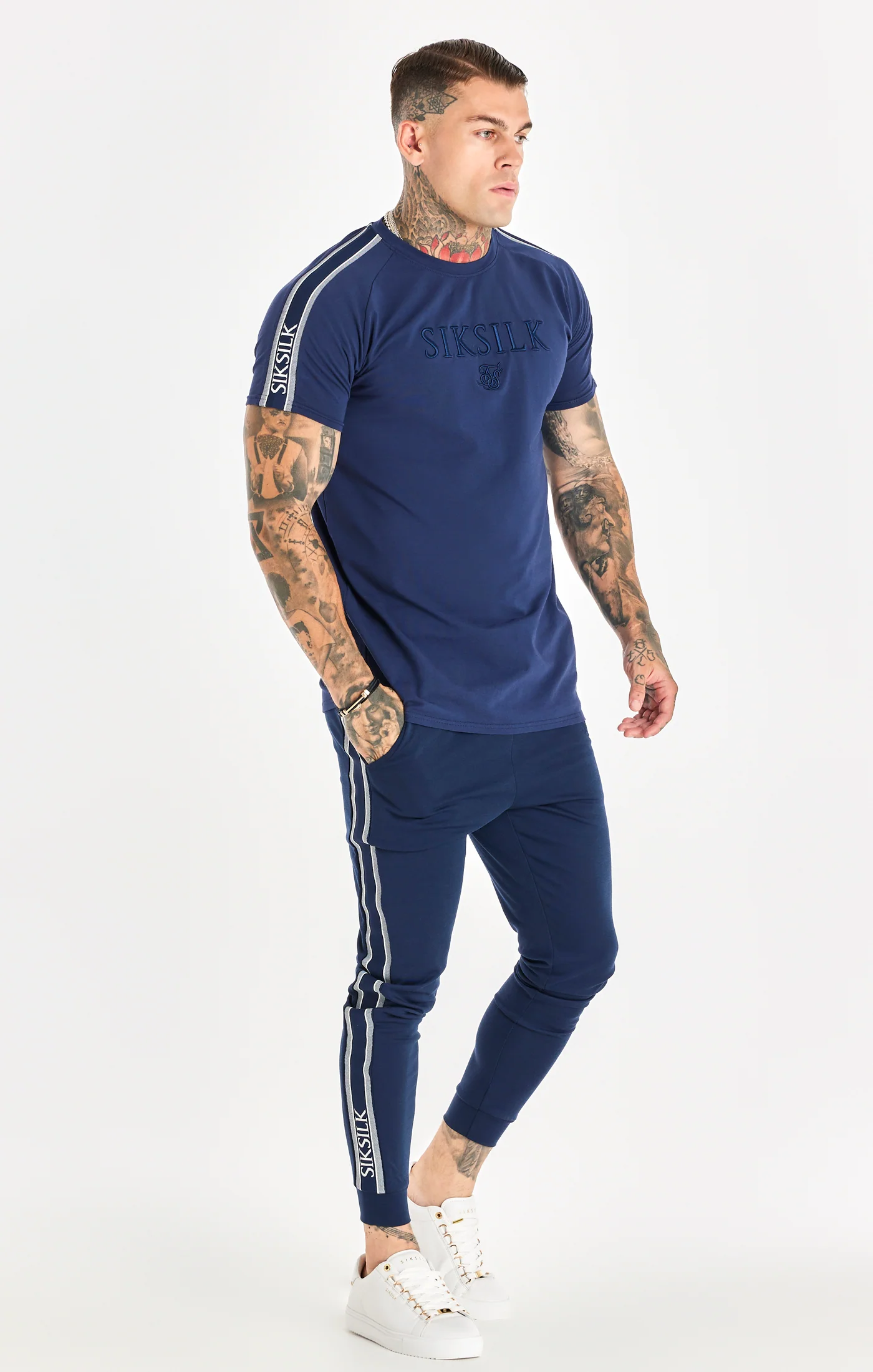 Navy Knitted Tape Muscle Fit T-Shirt - Image 4