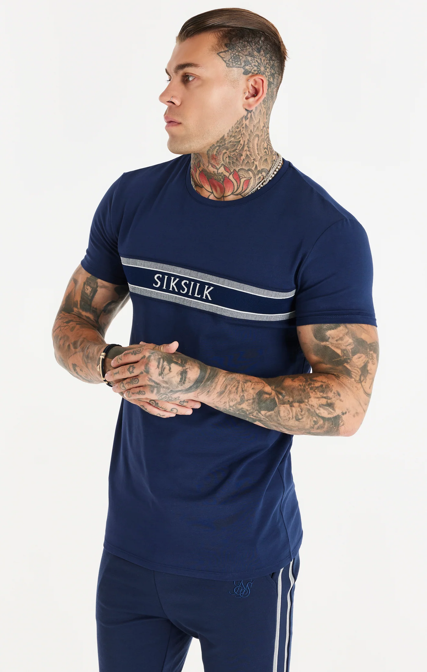 Navy Knitted Tape Muscle Fit T-Shirt