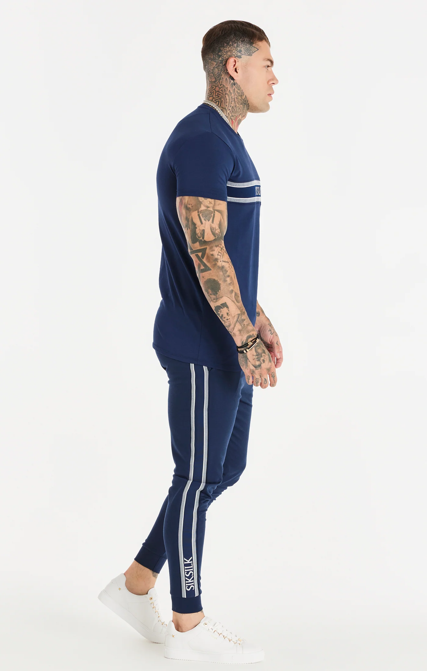 Navy Knitted Tape Muscle Fit T-Shirt - Image 5