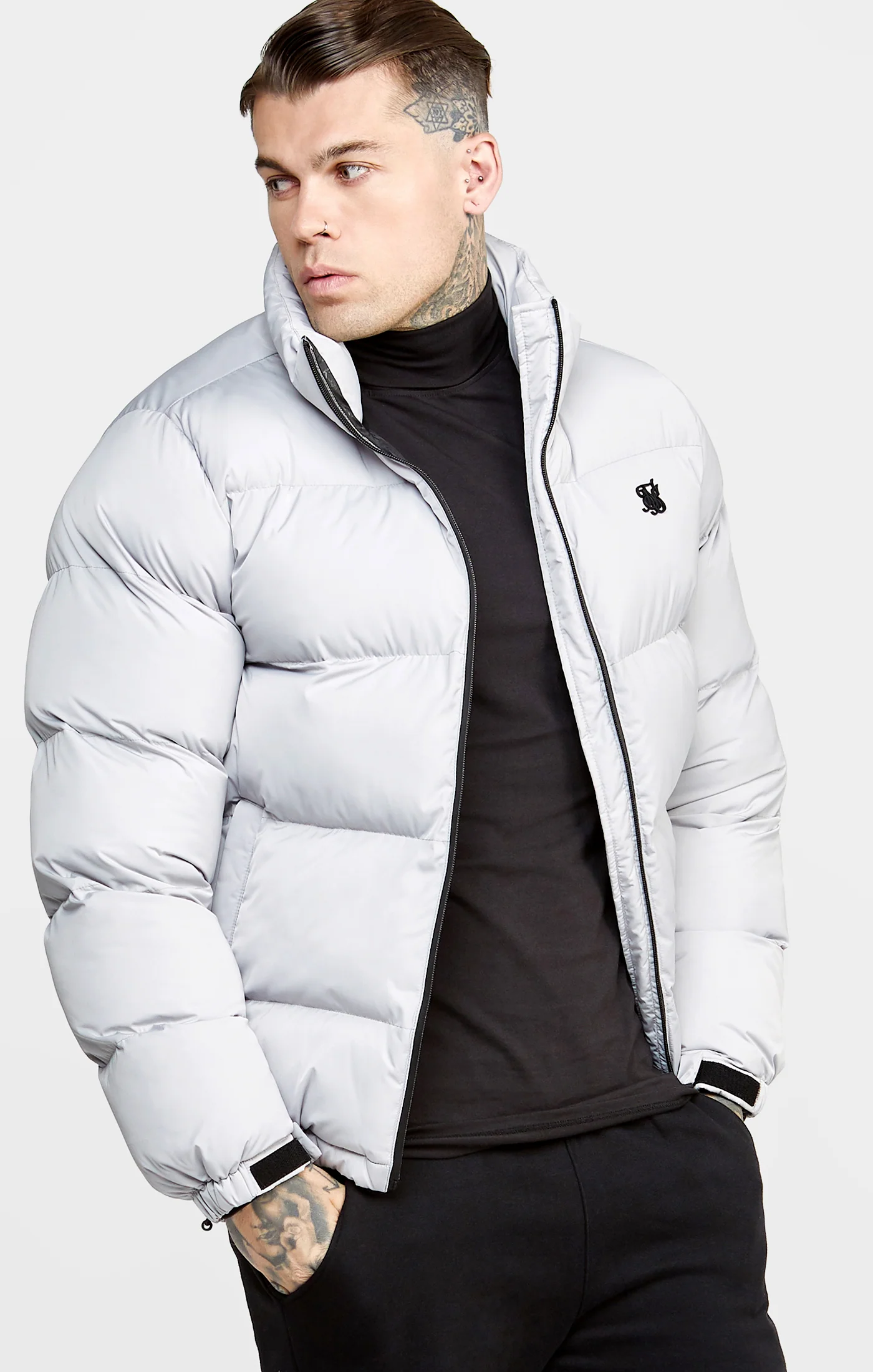 Grey Embossed Logo Puffer Jacket