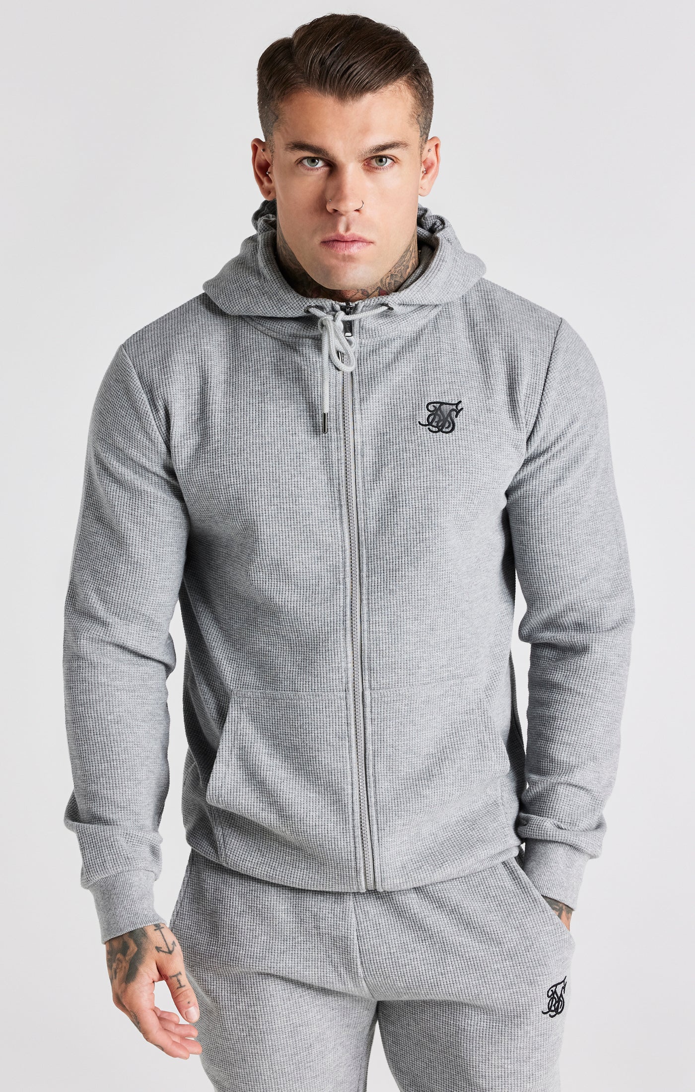 Grey Marl Waffle Zip Thru Hoodie