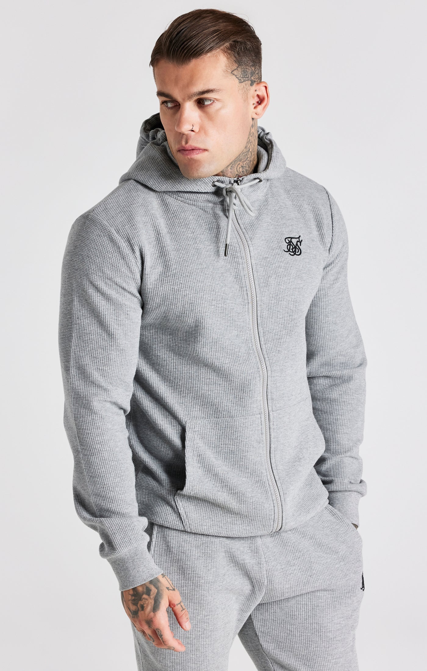 Grey Marl Waffle Zip Thru Hoodie - Image 5