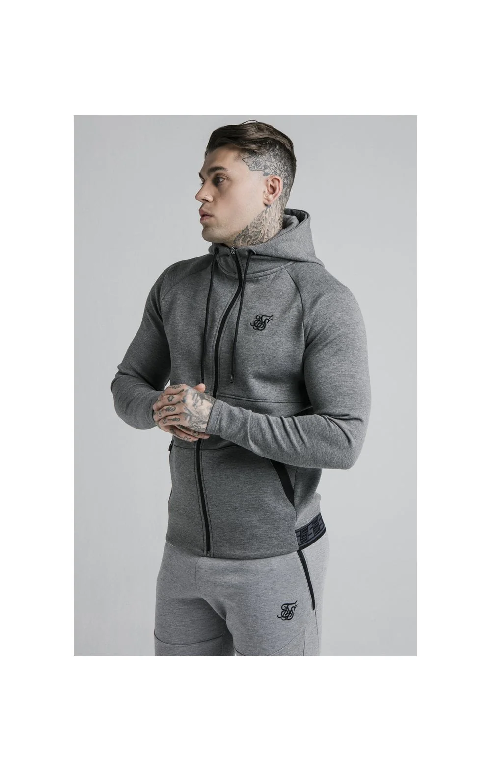 SikSilk Exhibit Zip Through Hoodie - Grey Marl